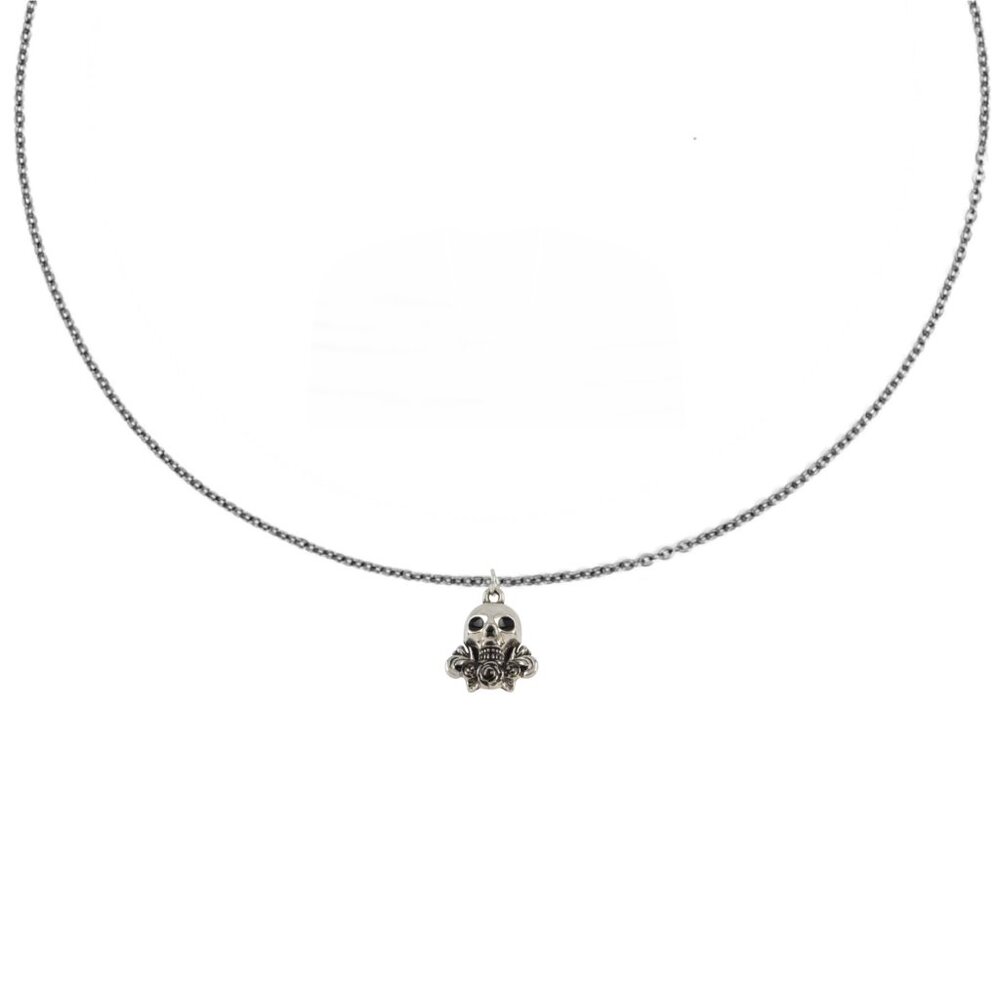 Silver Rose Skull Charm Necklace